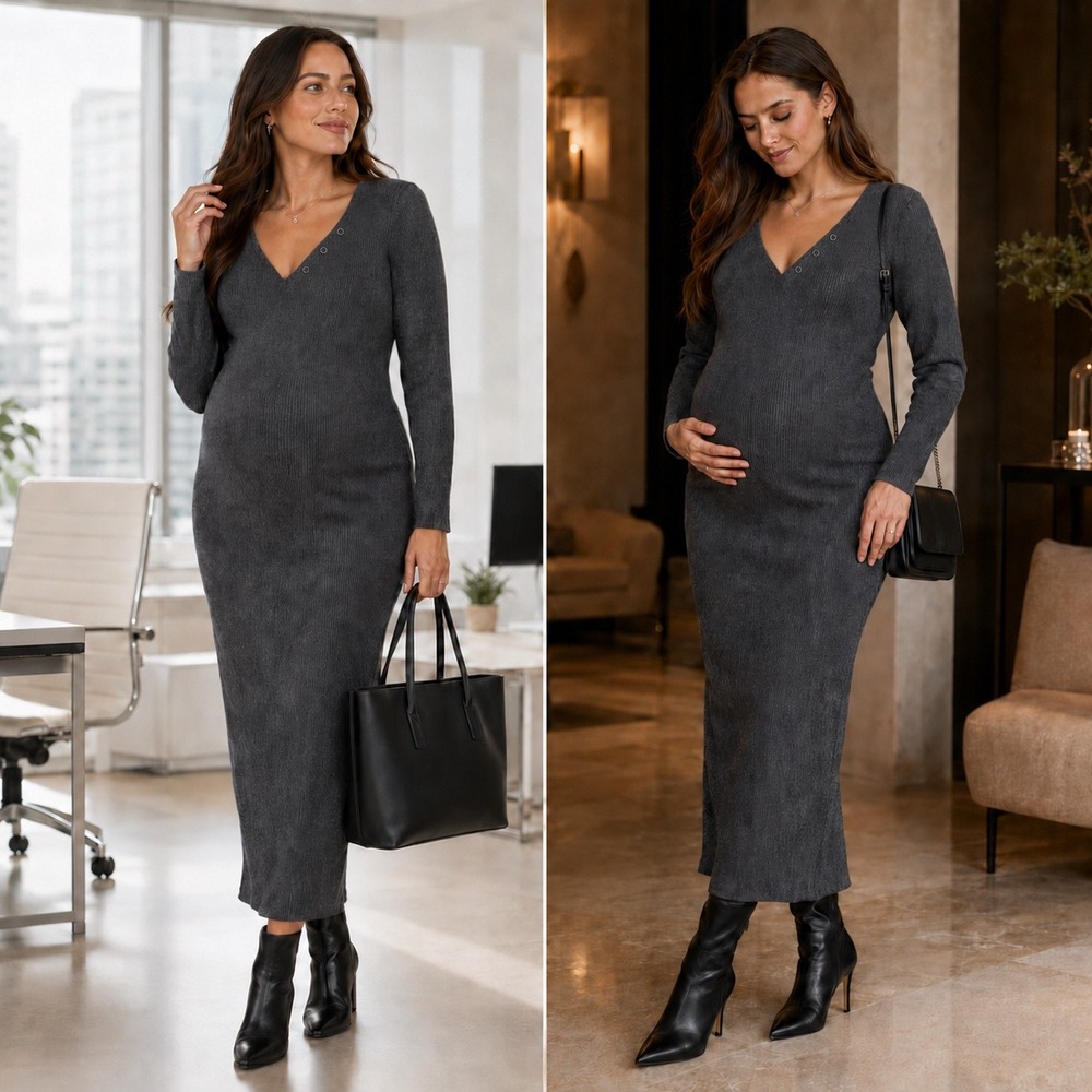 Motherhood M Womens Ribbed Bodycon Midi Dress V-Neck Long Sleeve Maternity Comfy
